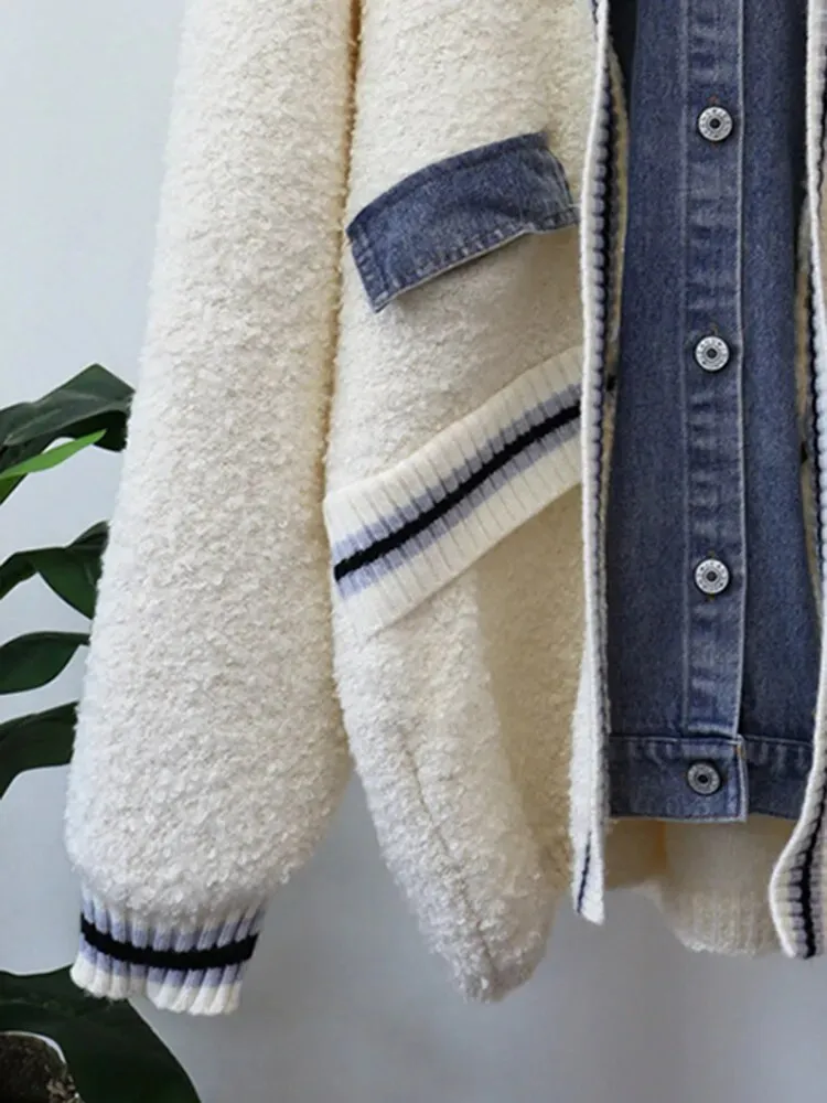 Colorblock Patchwork Denim Knitting Sweaters For Women Lapel Long Sleeve Spliced Single Breasted Sweater Female