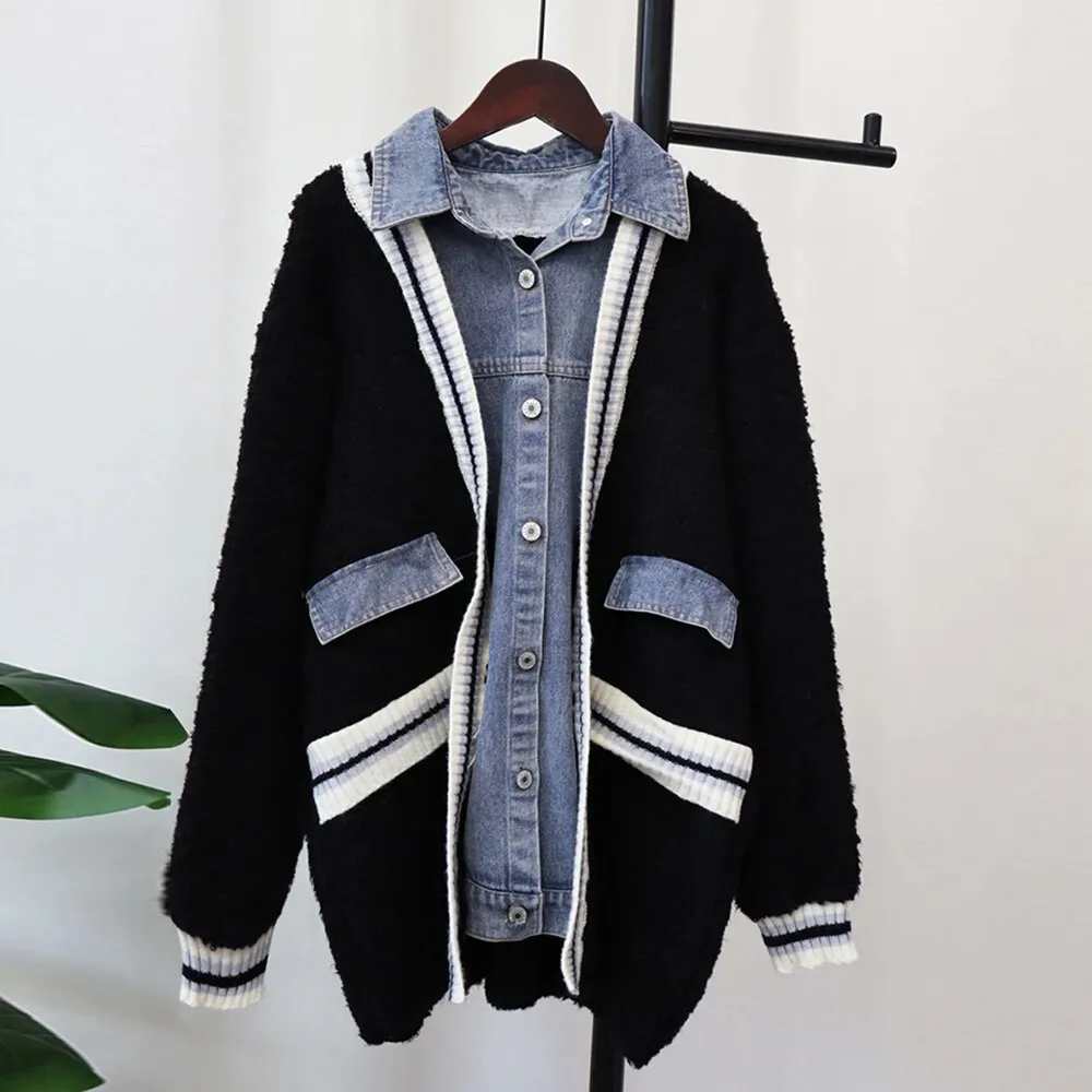 Colorblock Patchwork Denim Knitting Sweaters For Women Lapel Long Sleeve Spliced Single Breasted Sweater Female