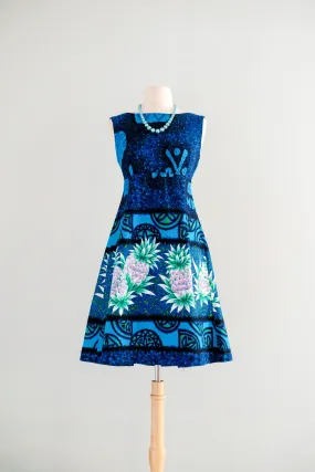 Coolest 1960's Purple Pineapple Blue Hawaiian Dress by Ui-Maikai / Sz M