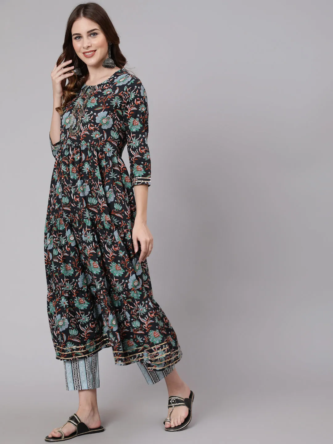Cotton Calf Length Flared 3/4 Sleeve Round Neck Printed Kurta, Pants