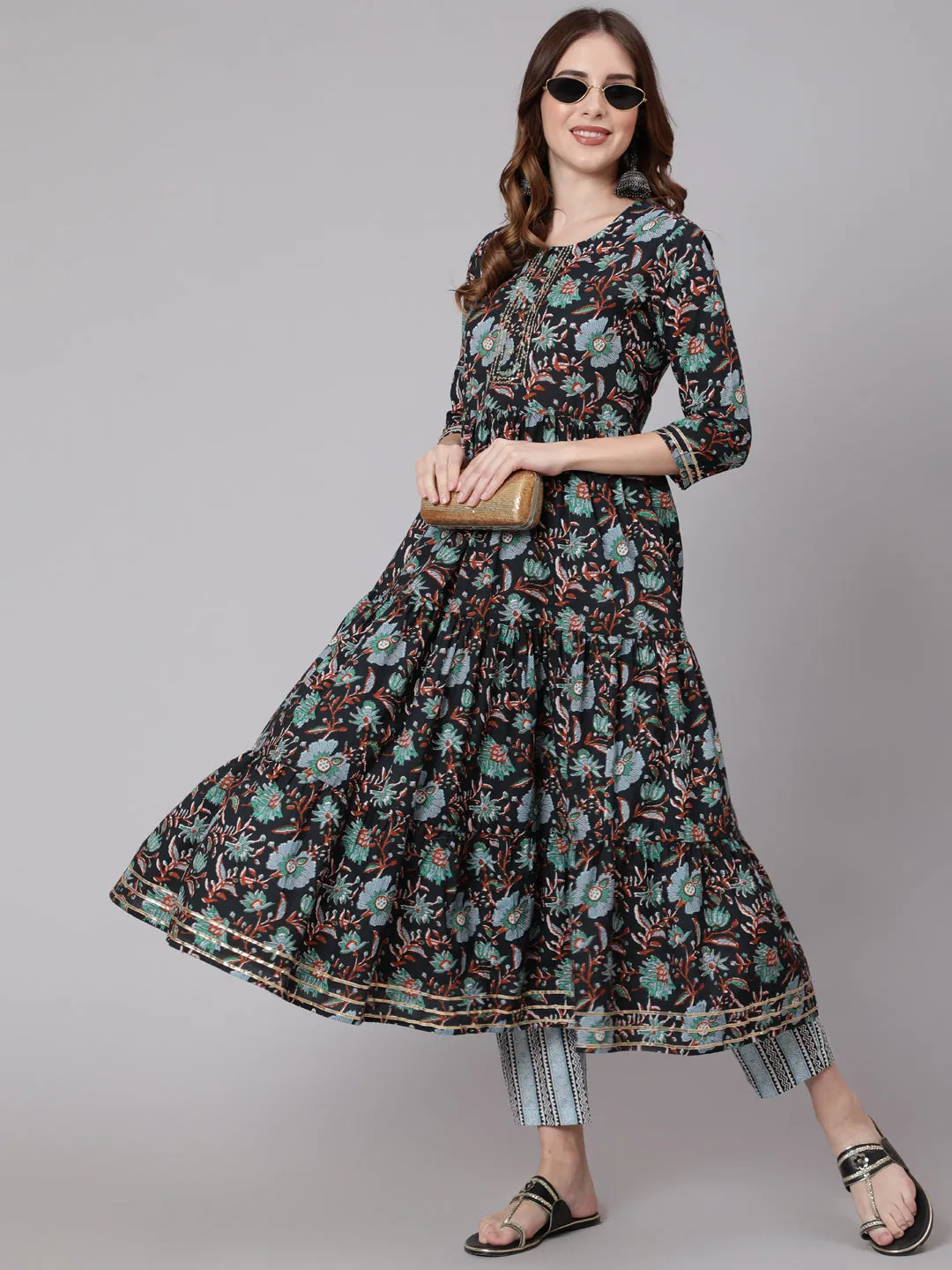 Cotton Calf Length Flared 3/4 Sleeve Round Neck Printed Kurta, Pants
