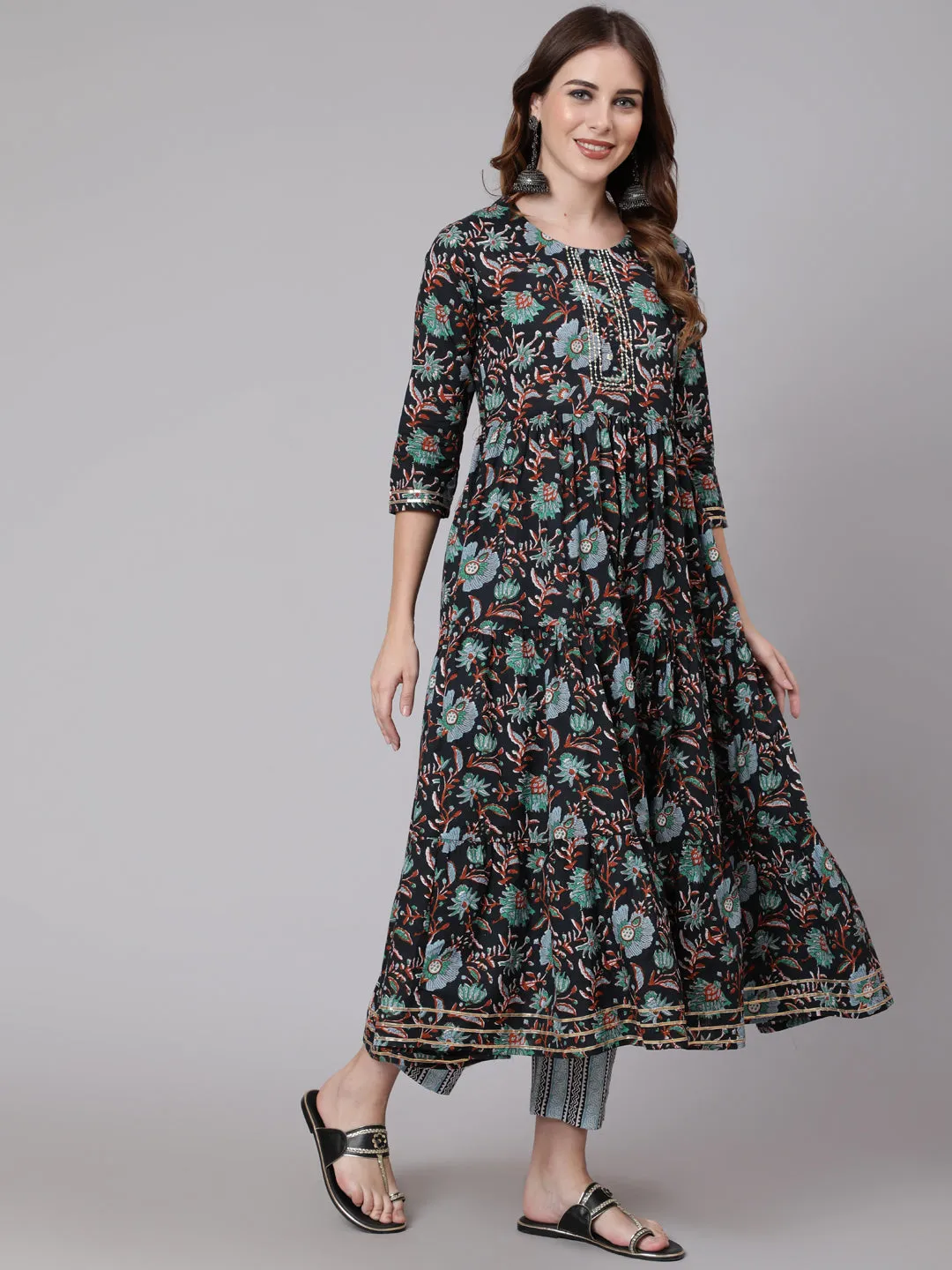Cotton Calf Length Flared 3/4 Sleeve Round Neck Printed Kurta, Pants