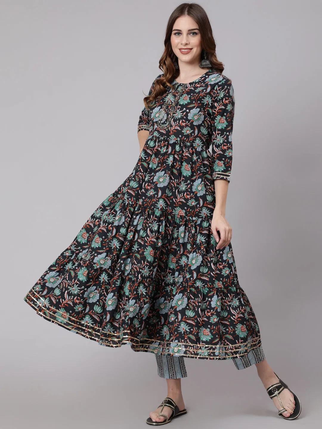 Cotton Calf Length Flared 3/4 Sleeve Round Neck Printed Kurta, Pants