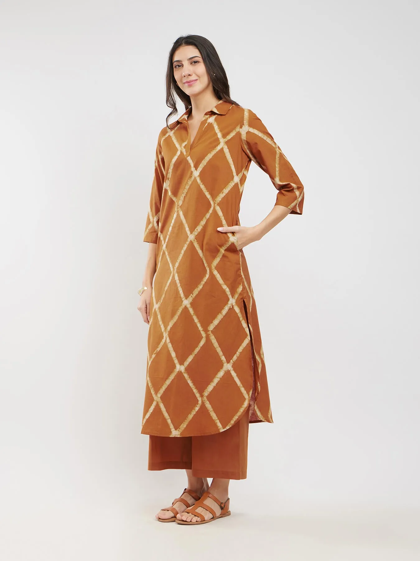 Cotton Dabu Geometric Kurta Set - Mustard