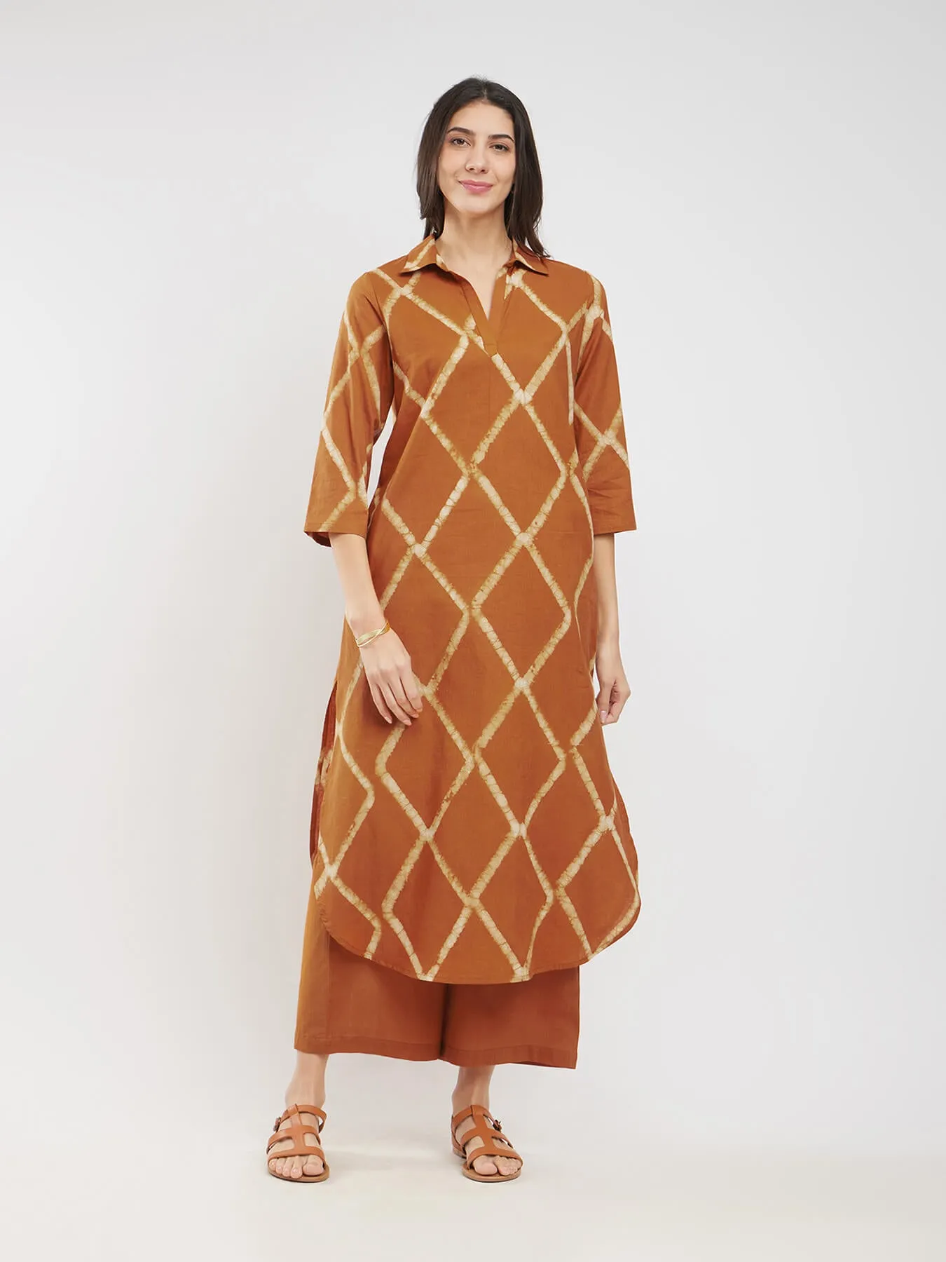 Cotton Dabu Geometric Kurta Set - Mustard