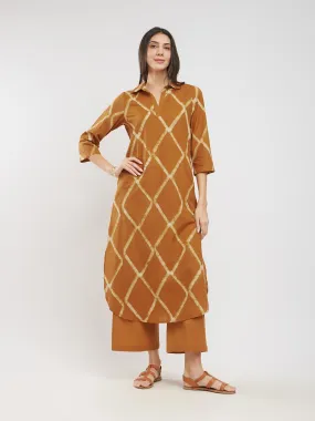 Cotton Dabu Geometric Kurta Set - Mustard