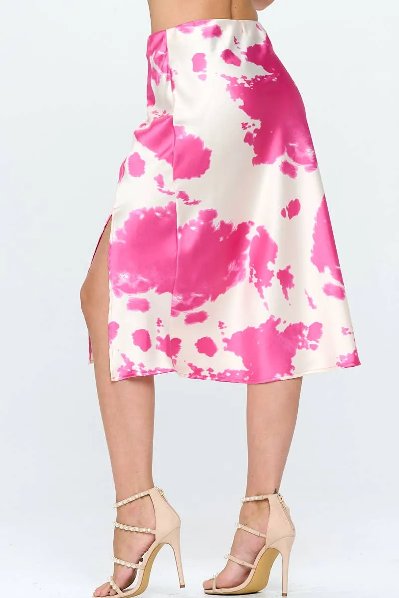 Cow Print Satin Midi Skirt with Slit: Fuchsia