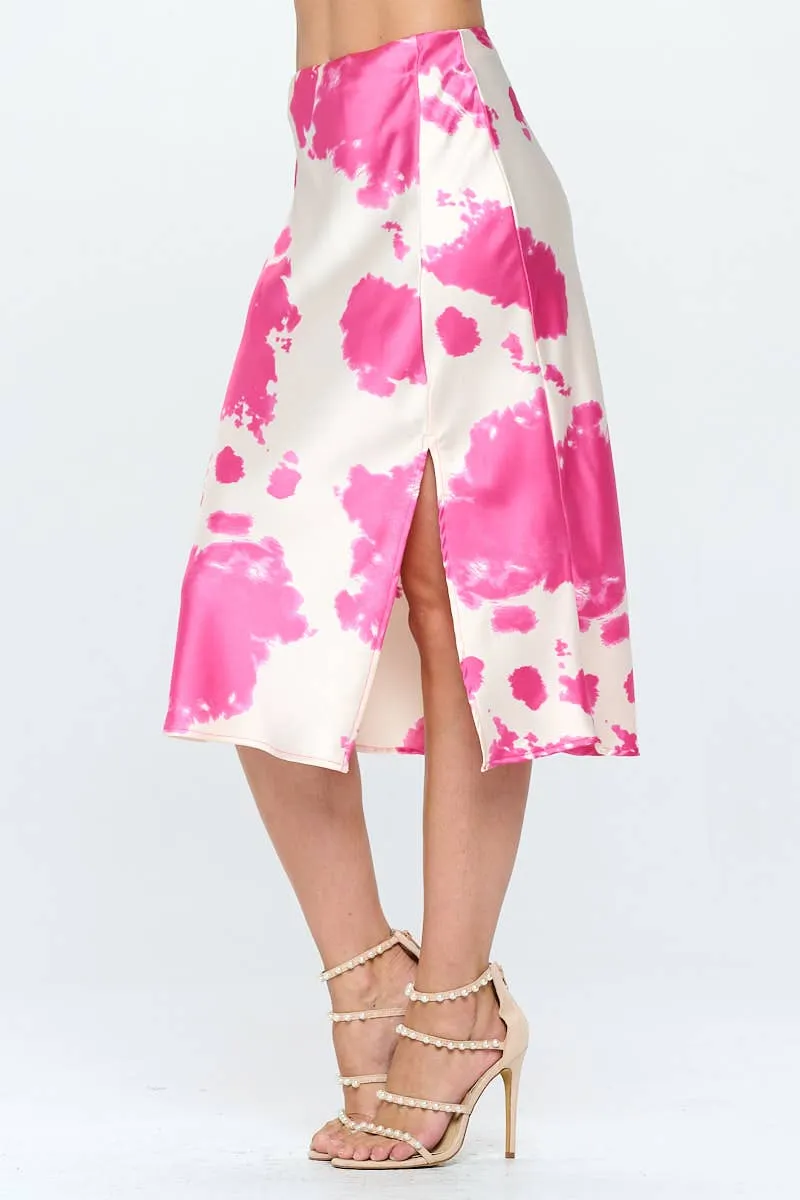 Cow Print Satin Midi Skirt with Slit: Fuchsia