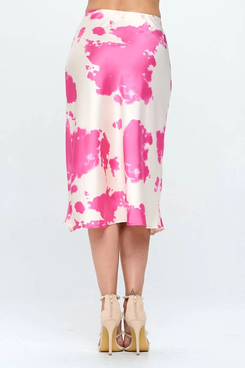 Cow Print Satin Midi Skirt with Slit: Fuchsia