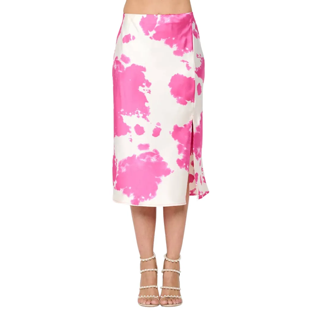 Cow Print Satin Midi Skirt with Slit: Fuchsia