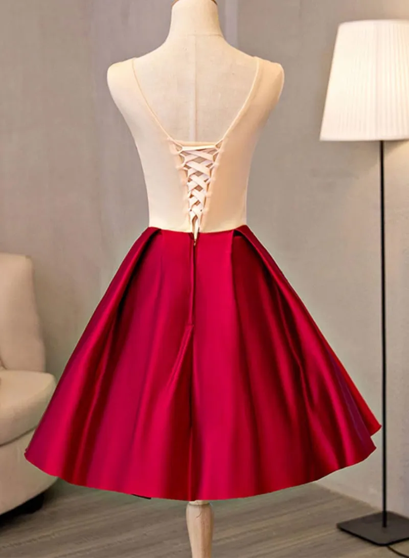 Cute Satin Lace Short Prom Dress, A-Line Scoop Neckline Evening Party Dress