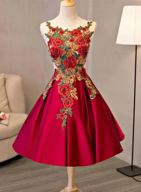 Cute Satin Lace Short Prom Dress, A-Line Scoop Neckline Evening Party Dress