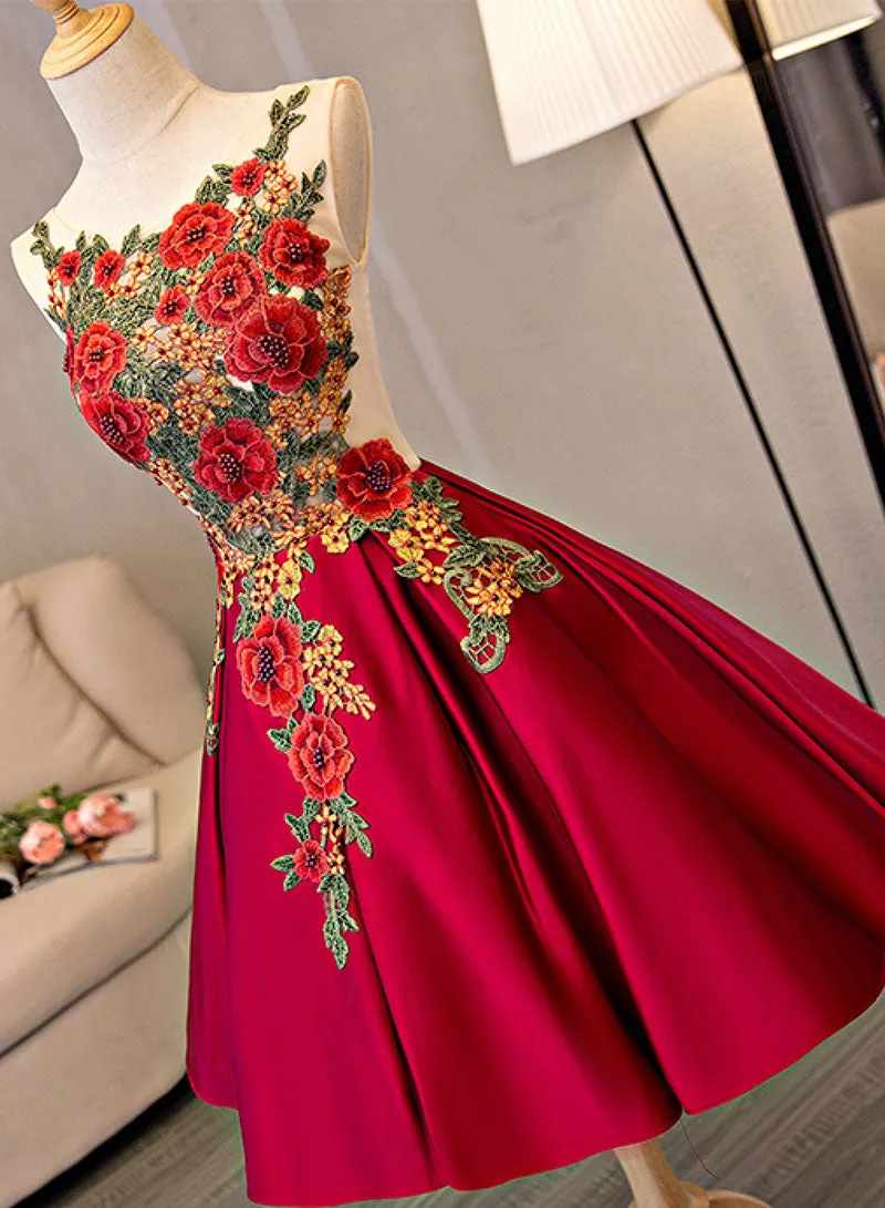 Cute Satin Lace Short Prom Dress, A-Line Scoop Neckline Evening Party Dress