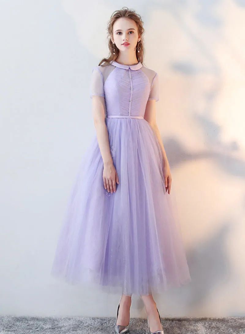 Cute Tulle Lace Tea Length Prom Dress, A-Line Beautiful Evening Dress