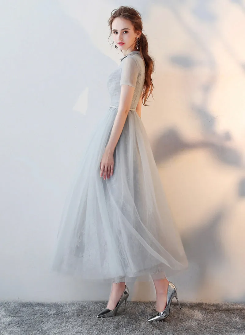 Cute Tulle Lace Tea Length Prom Dress, A-Line Beautiful Evening Dress