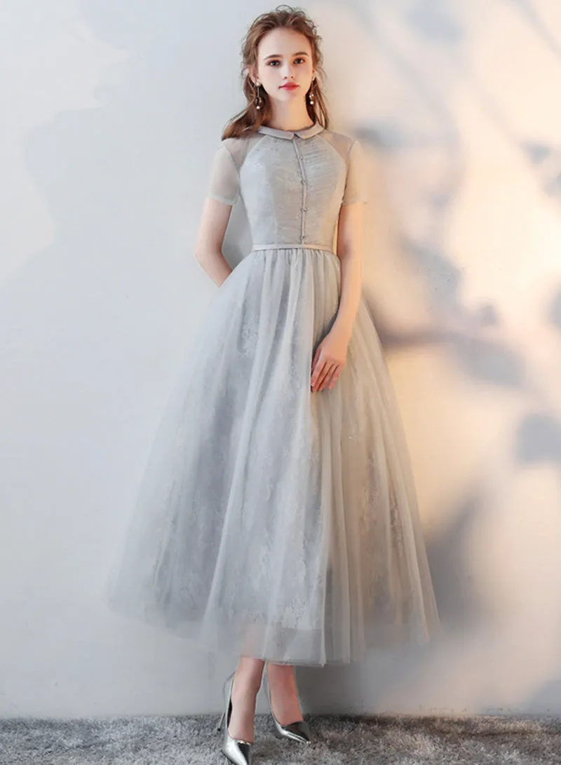 Cute Tulle Lace Tea Length Prom Dress, A-Line Beautiful Evening Dress