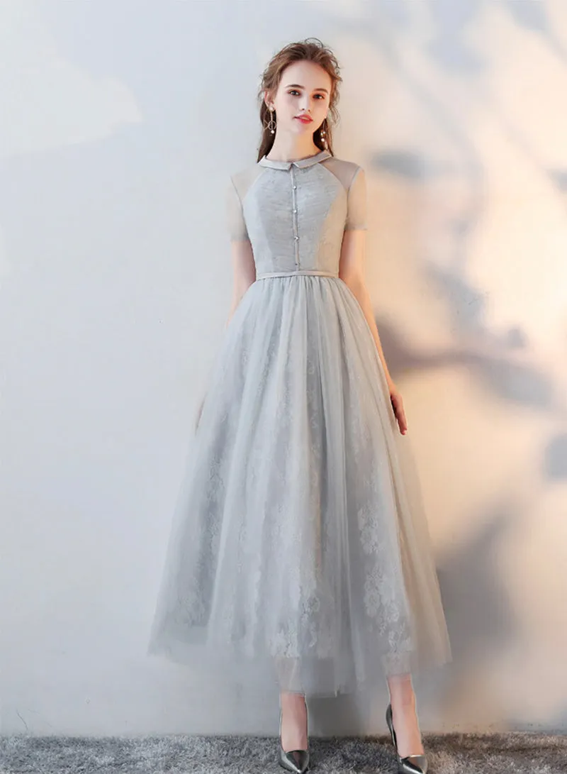 Cute Tulle Lace Tea Length Prom Dress, A-Line Beautiful Evening Dress