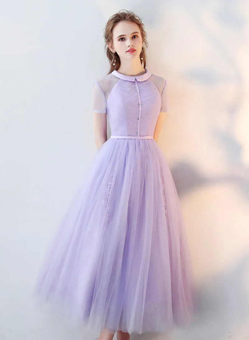Cute Tulle Lace Tea Length Prom Dress, A-Line Beautiful Evening Dress