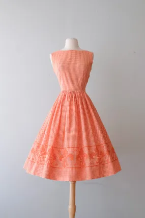 Darling 1950's Fleur De Lis Cotton Gingham Day Dress / Sz M