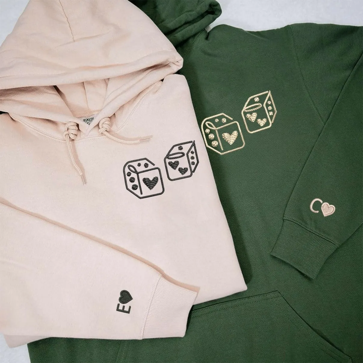 Dice Heart Custom Embroidered Couple Hoodies - Personalized Matching Sweatshirts For Couples