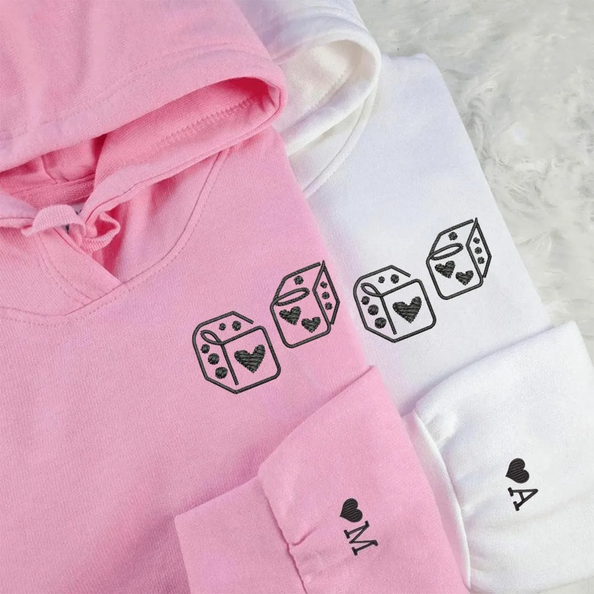 Dice Heart Custom Embroidered Couple Hoodies - Personalized Matching Sweatshirts For Couples