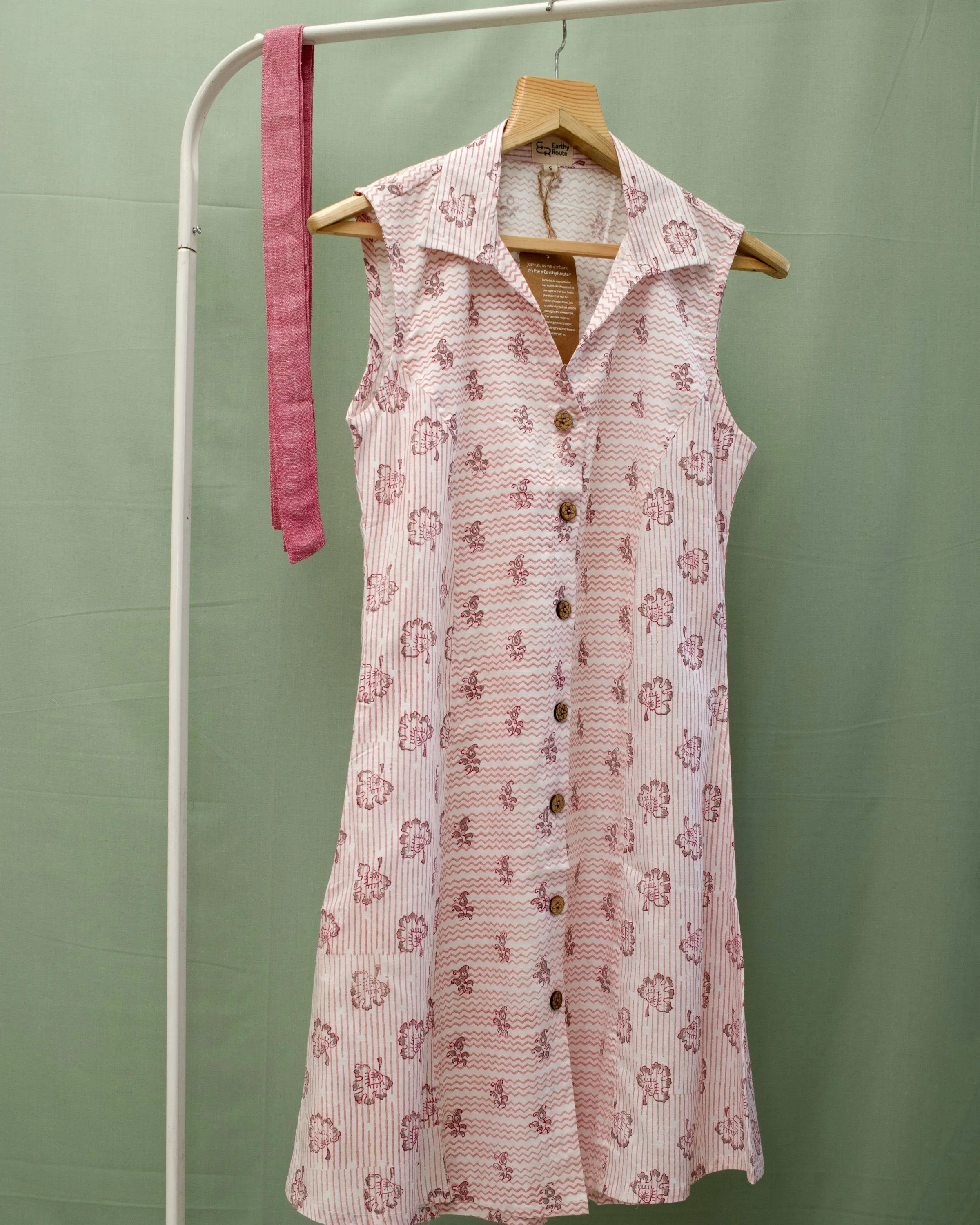 Earthy Route Lotus pink floral sleeveless dress in lyocell linen