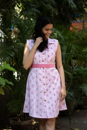 Earthy Route Lotus pink floral sleeveless dress in lyocell linen