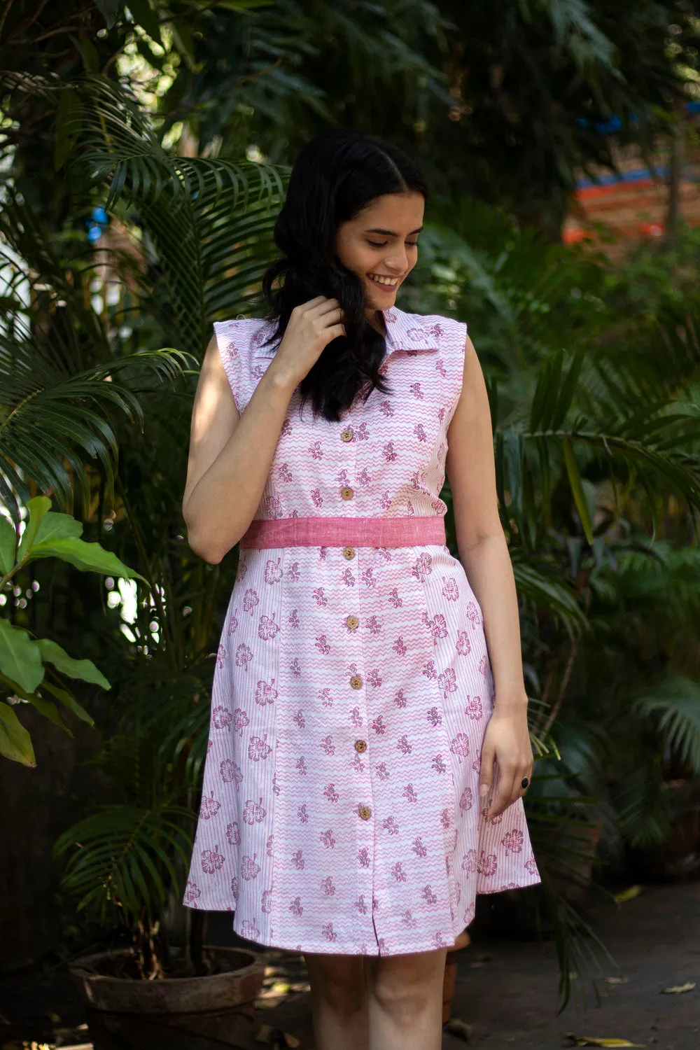 Earthy Route Lotus pink floral sleeveless dress in lyocell linen