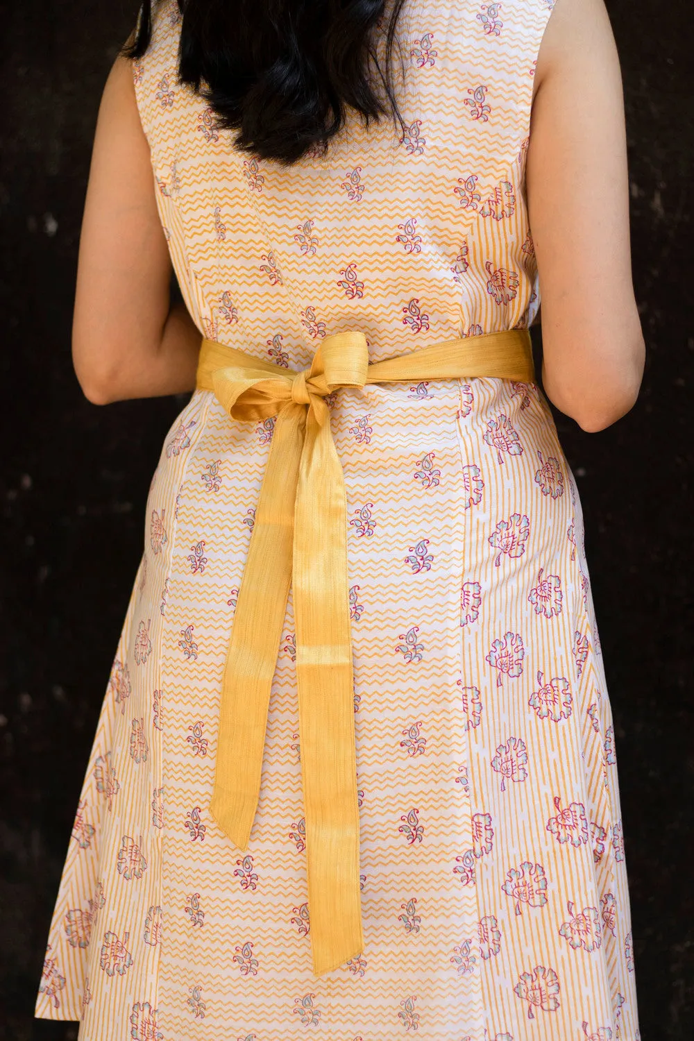 Earthy Route Yellow marigold floral sleeveless dress in lyocell linen