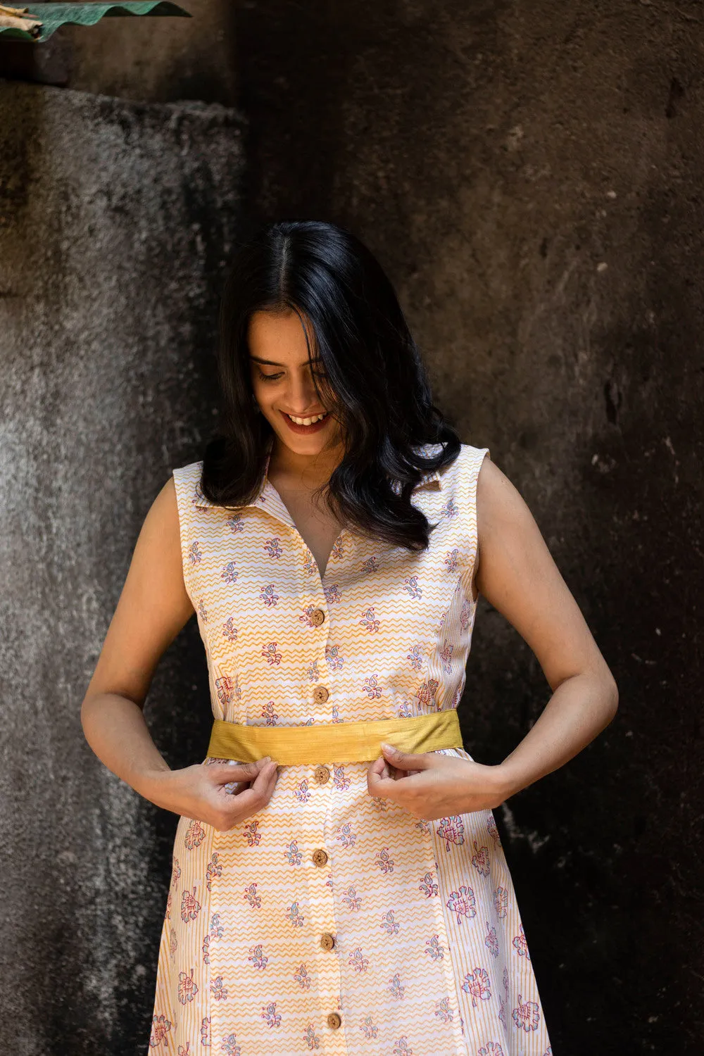 Earthy Route Yellow marigold floral sleeveless dress in lyocell linen