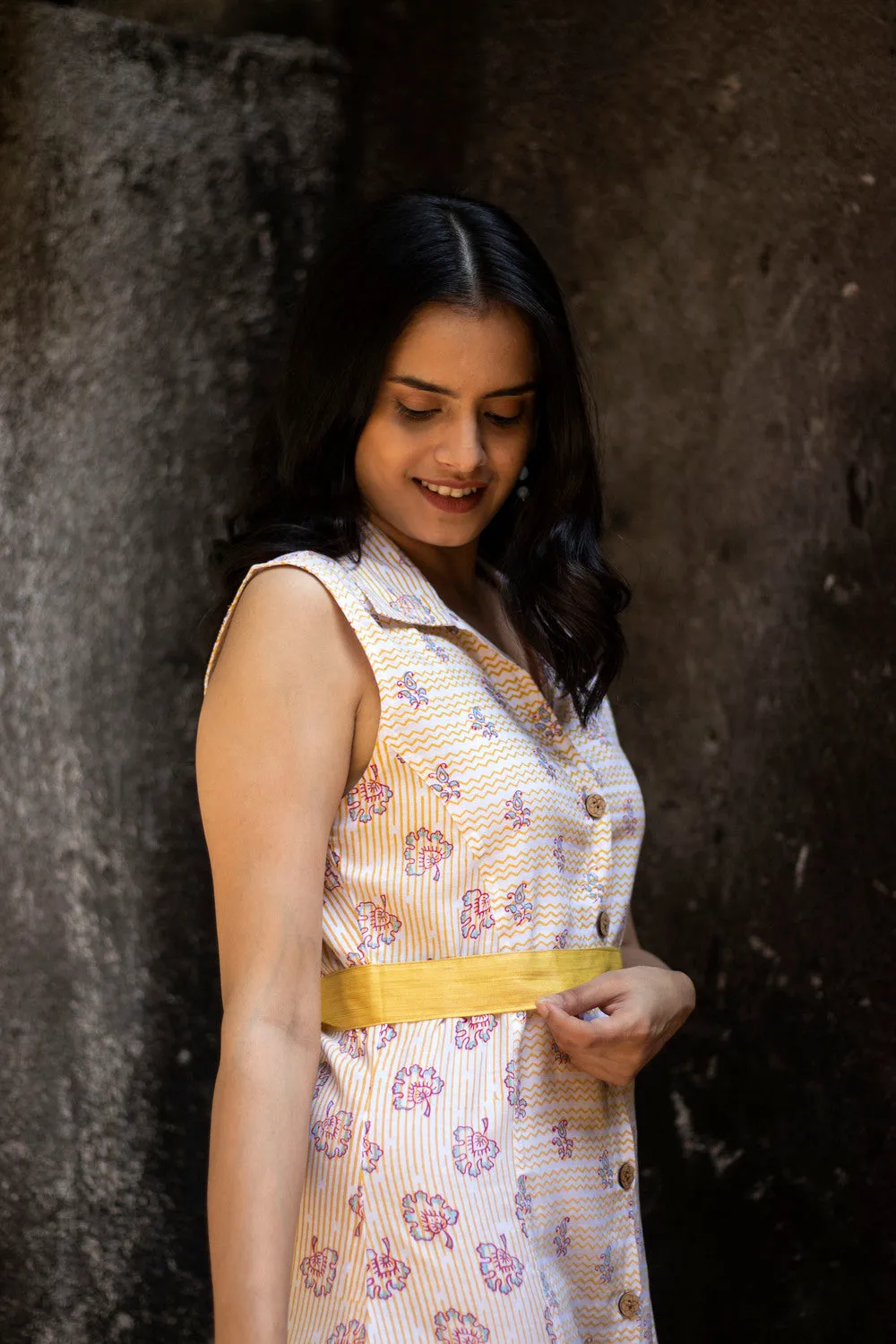 Earthy Route Yellow marigold floral sleeveless dress in lyocell linen