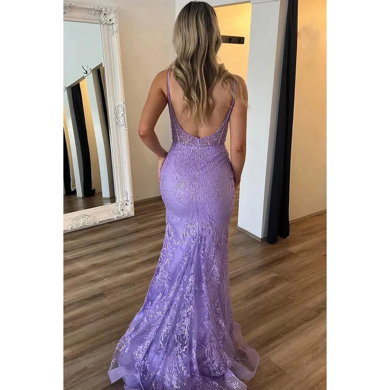 Elegant & Luxurious Spaghetti Straps Side Slit Mermiad Backless Applique Prom Dress