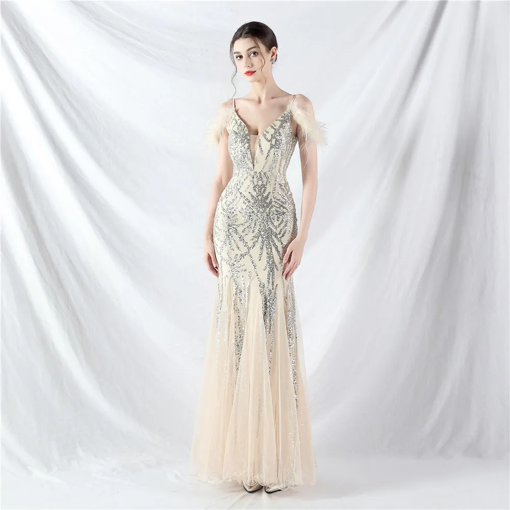 Elegant Ostrich Feather Mesh Sequin Evening Dress