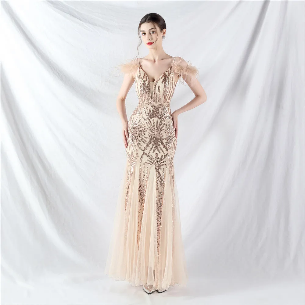 Elegant Ostrich Feather Mesh Sequin Evening Dress