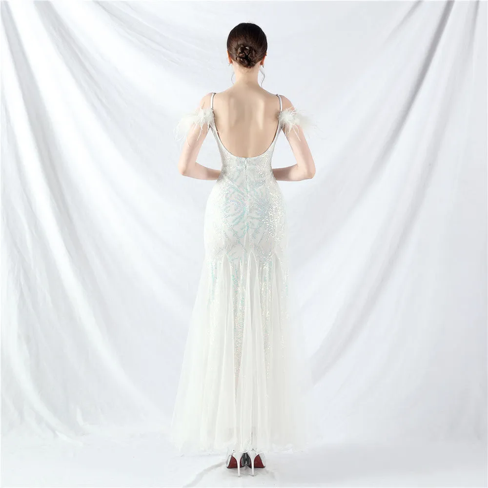 Elegant Ostrich Feather Mesh Sequin Evening Dress
