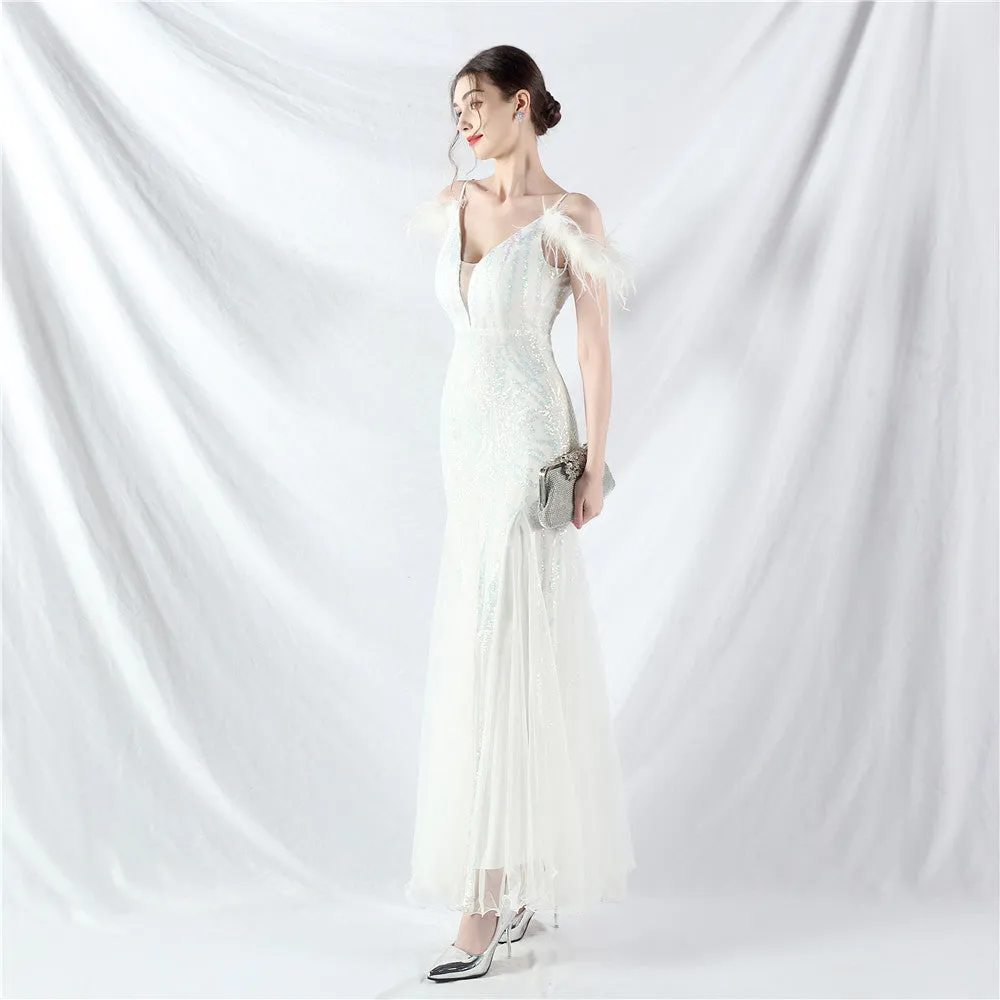 Elegant Ostrich Feather Mesh Sequin Evening Dress