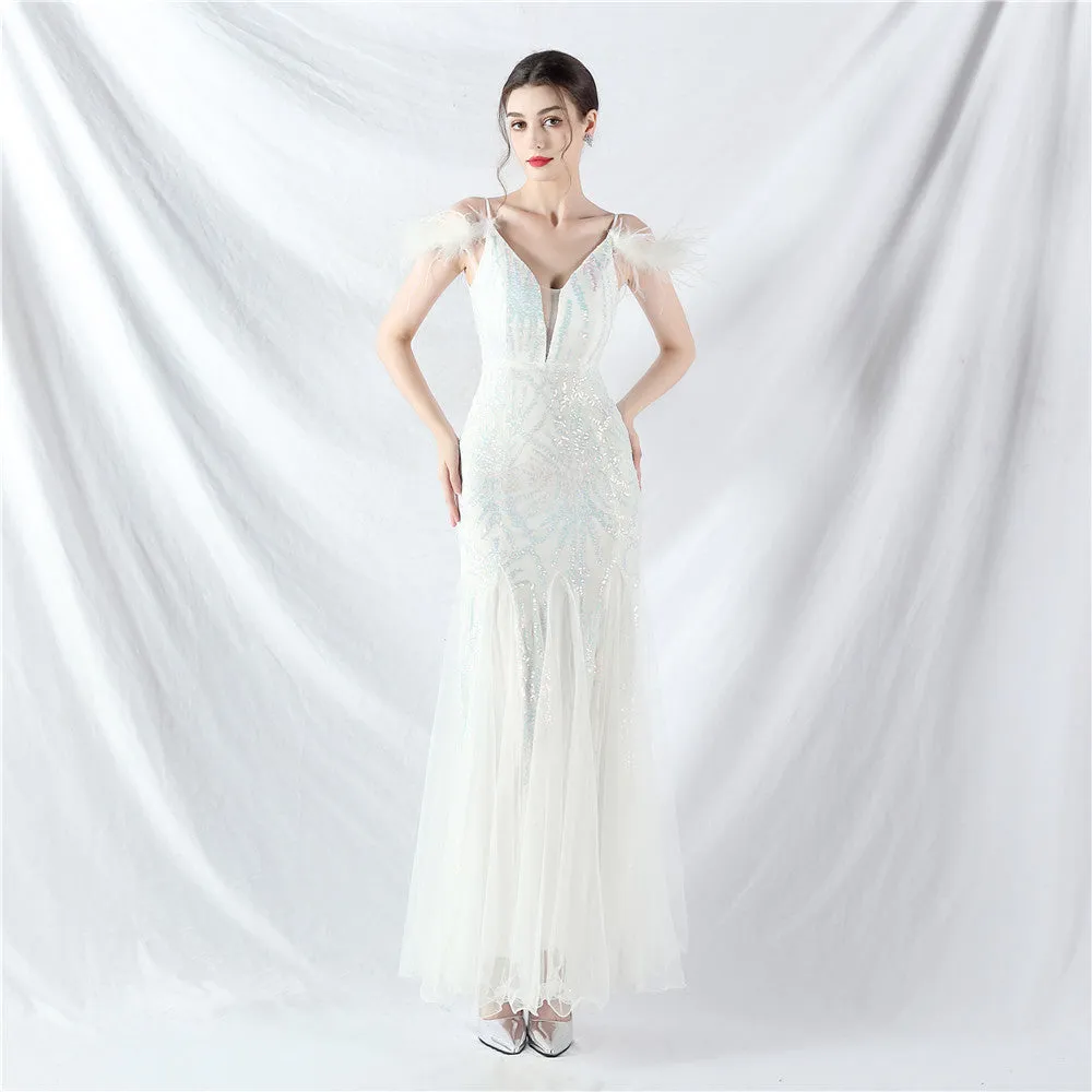 Elegant Ostrich Feather Mesh Sequin Evening Dress