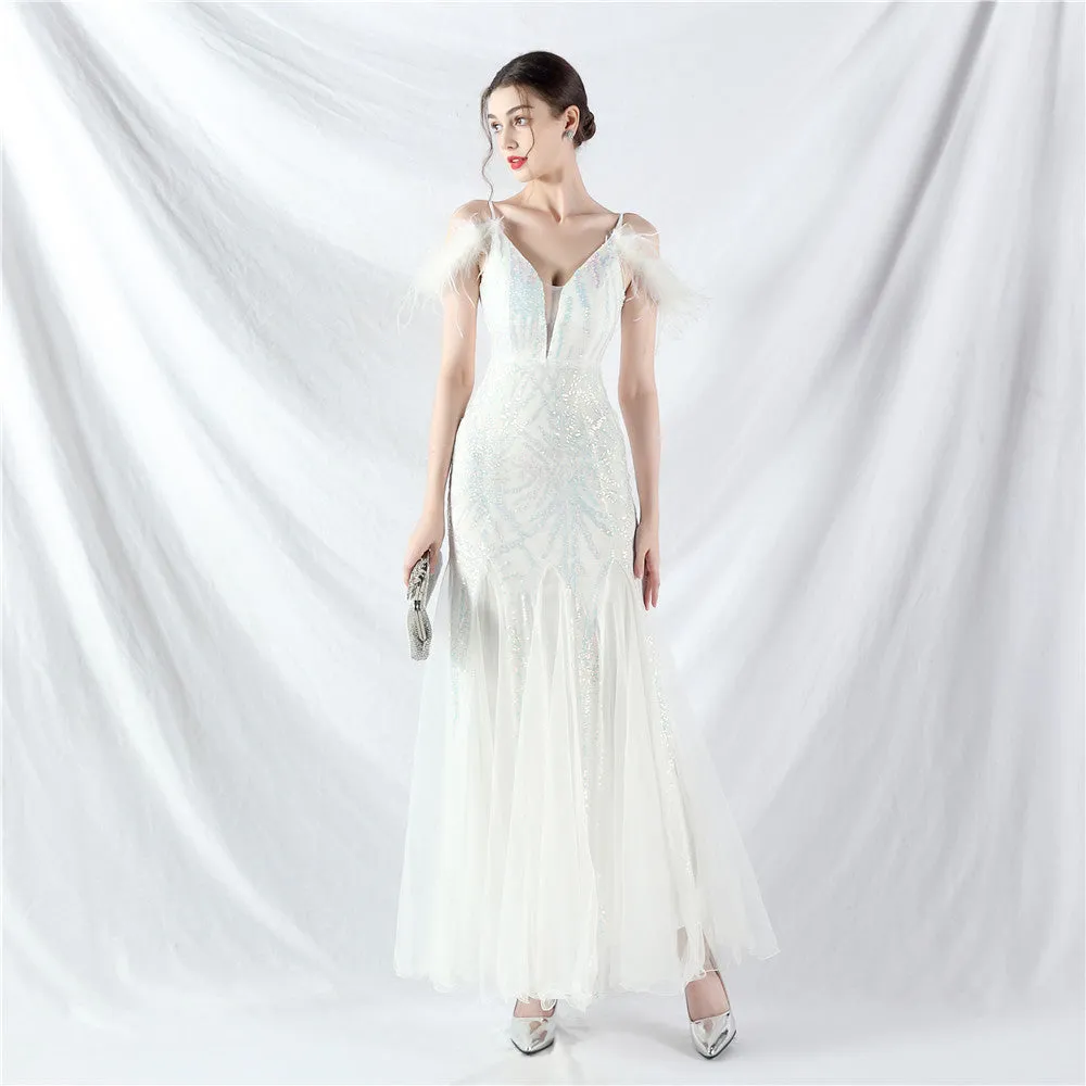 Elegant Ostrich Feather Mesh Sequin Evening Dress