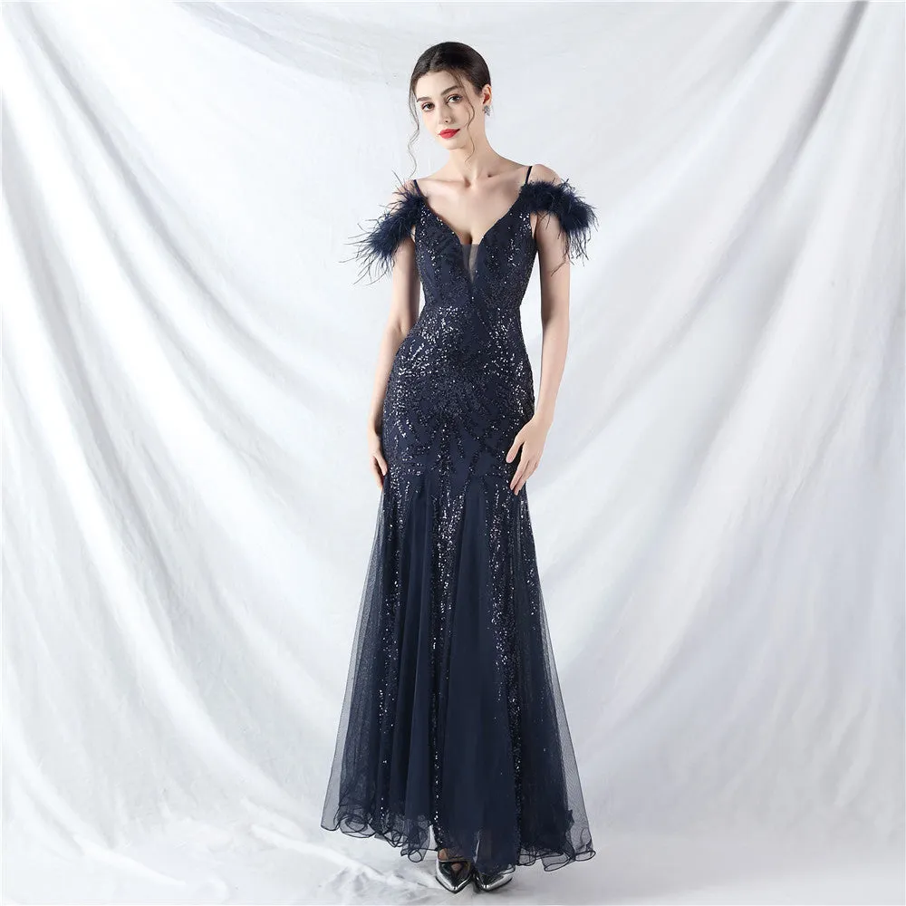 Elegant Ostrich Feather Mesh Sequin Evening Dress
