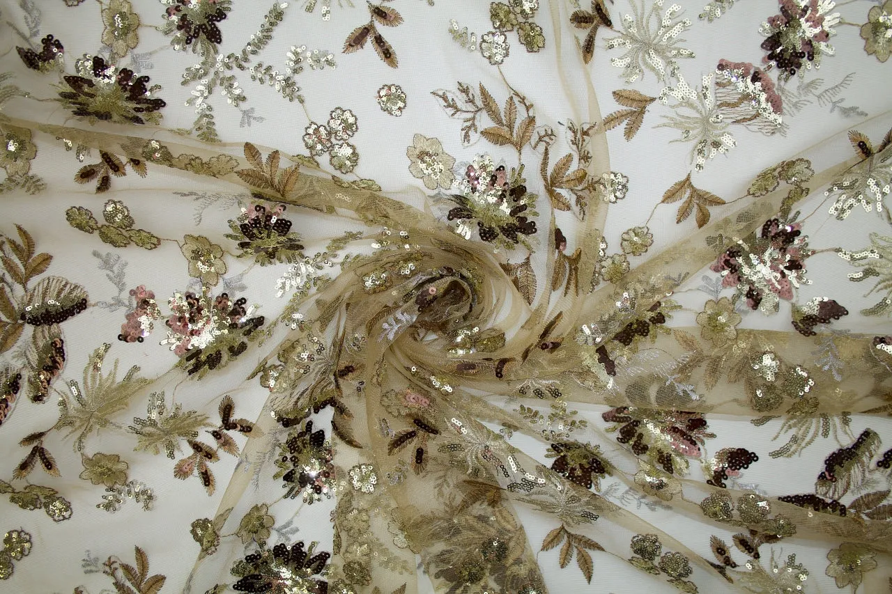 Embroidered/Sequined Soft Tulle - Gold Tones