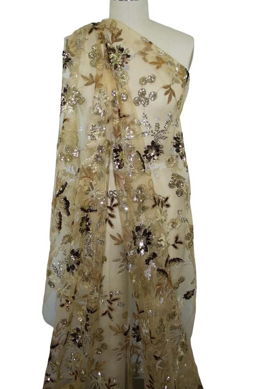 Embroidered/Sequined Soft Tulle - Gold Tones