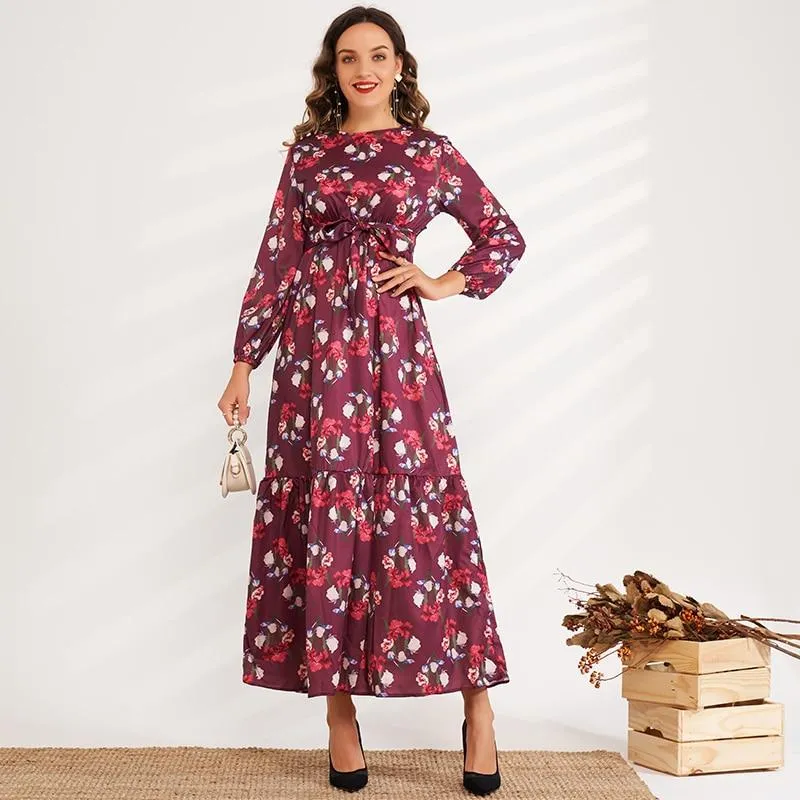 FashionSierra - Sweet Long-sleeved Floral High-waisted Elastic Waist Long A-line Belted Romantic Dress