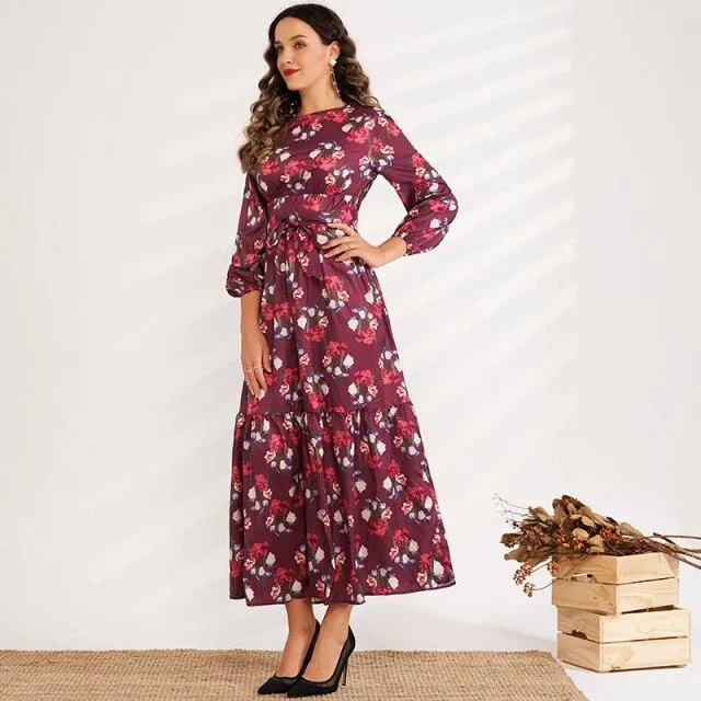 FashionSierra - Sweet Long-sleeved Floral High-waisted Elastic Waist Long A-line Belted Romantic Dress