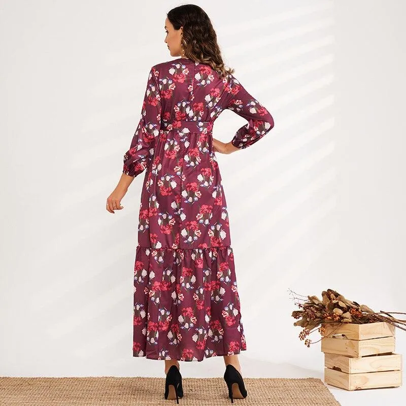 FashionSierra - Sweet Long-sleeved Floral High-waisted Elastic Waist Long A-line Belted Romantic Dress