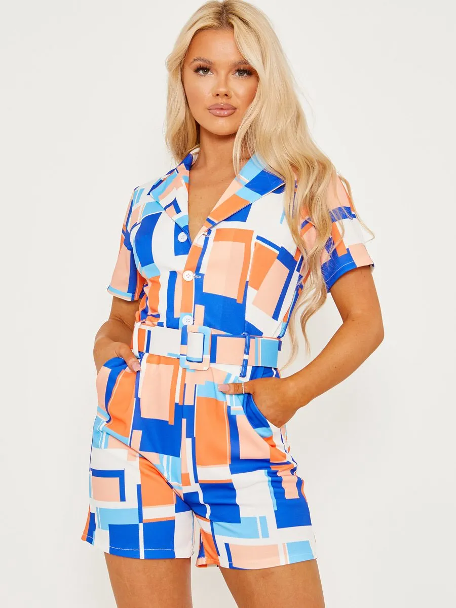Georgia Geo Print Blazer Style Belted Playsuit In Blue