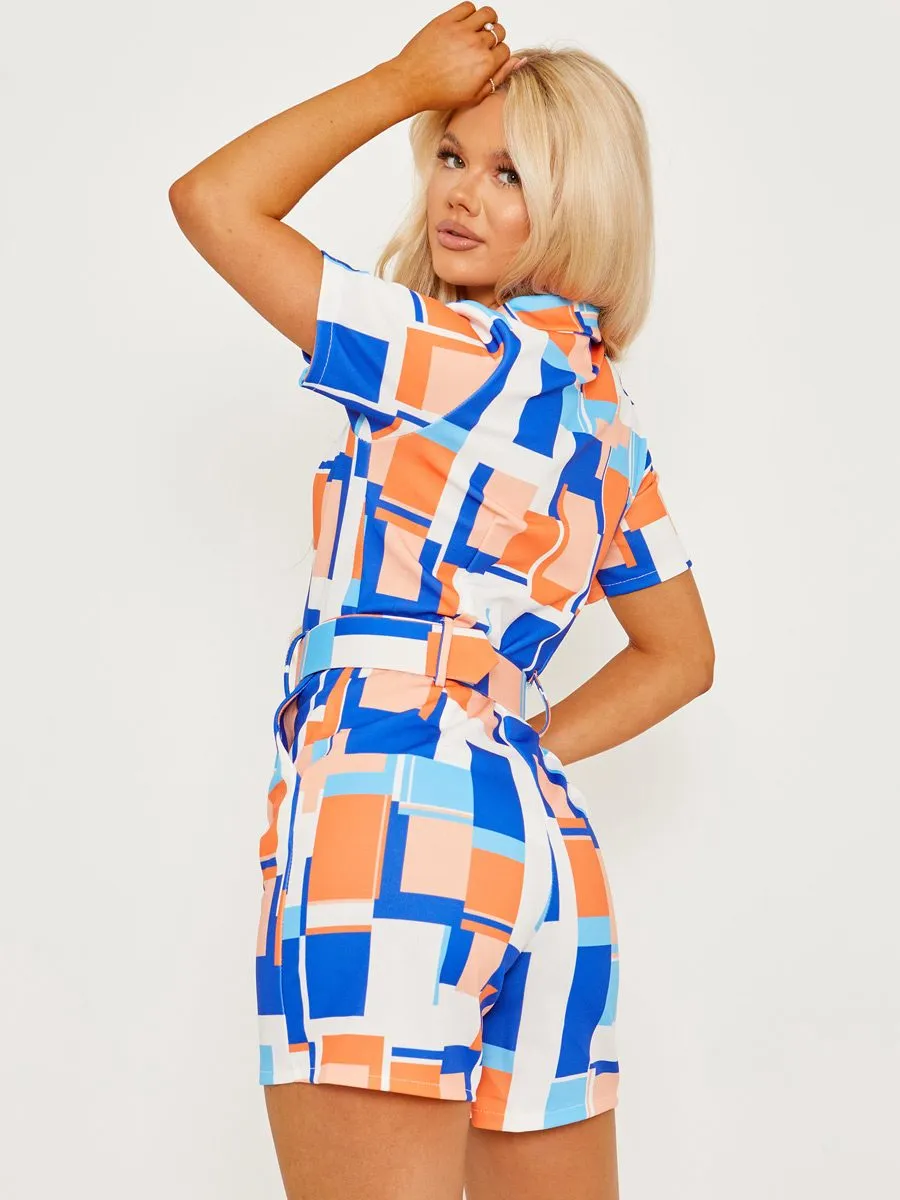 Georgia Geo Print Blazer Style Belted Playsuit In Blue