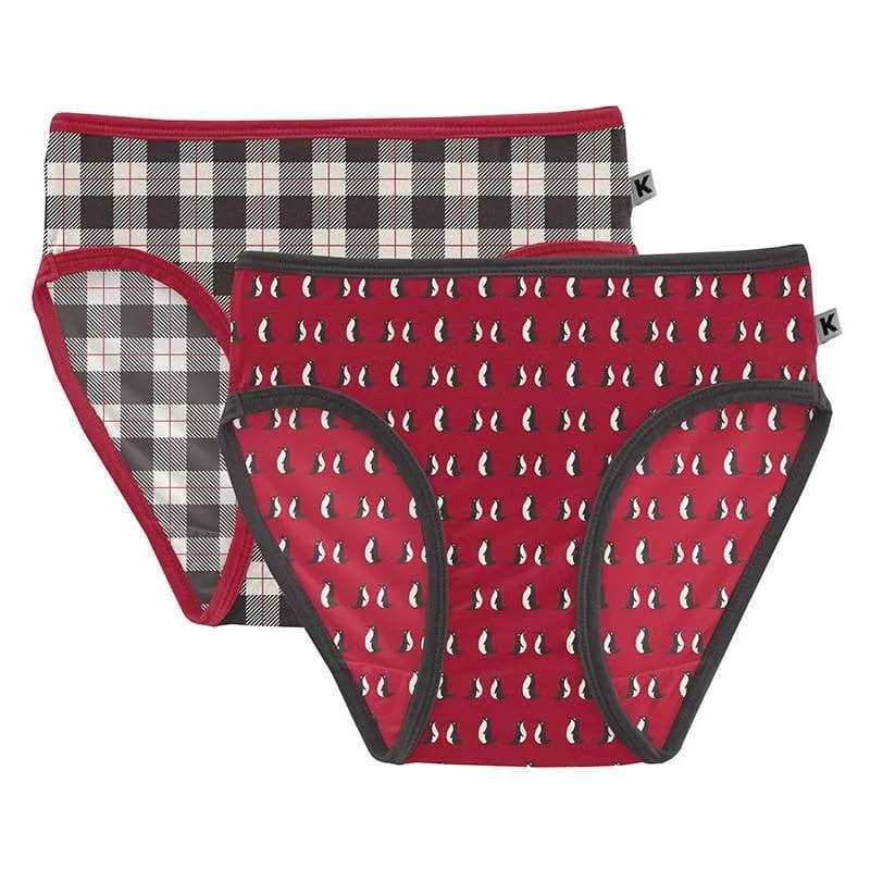 Girl's Print Bamboo Underwear Set - Midnight Holiday Plaid & Crimson Penguins