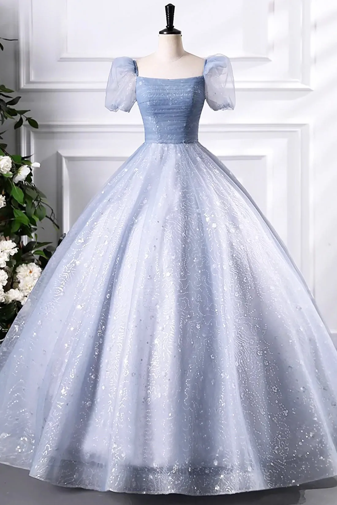 Gray Blue Tulle Sequins Floor Length Prom Dress, A-Line Short Sleeve Evening Party Dress