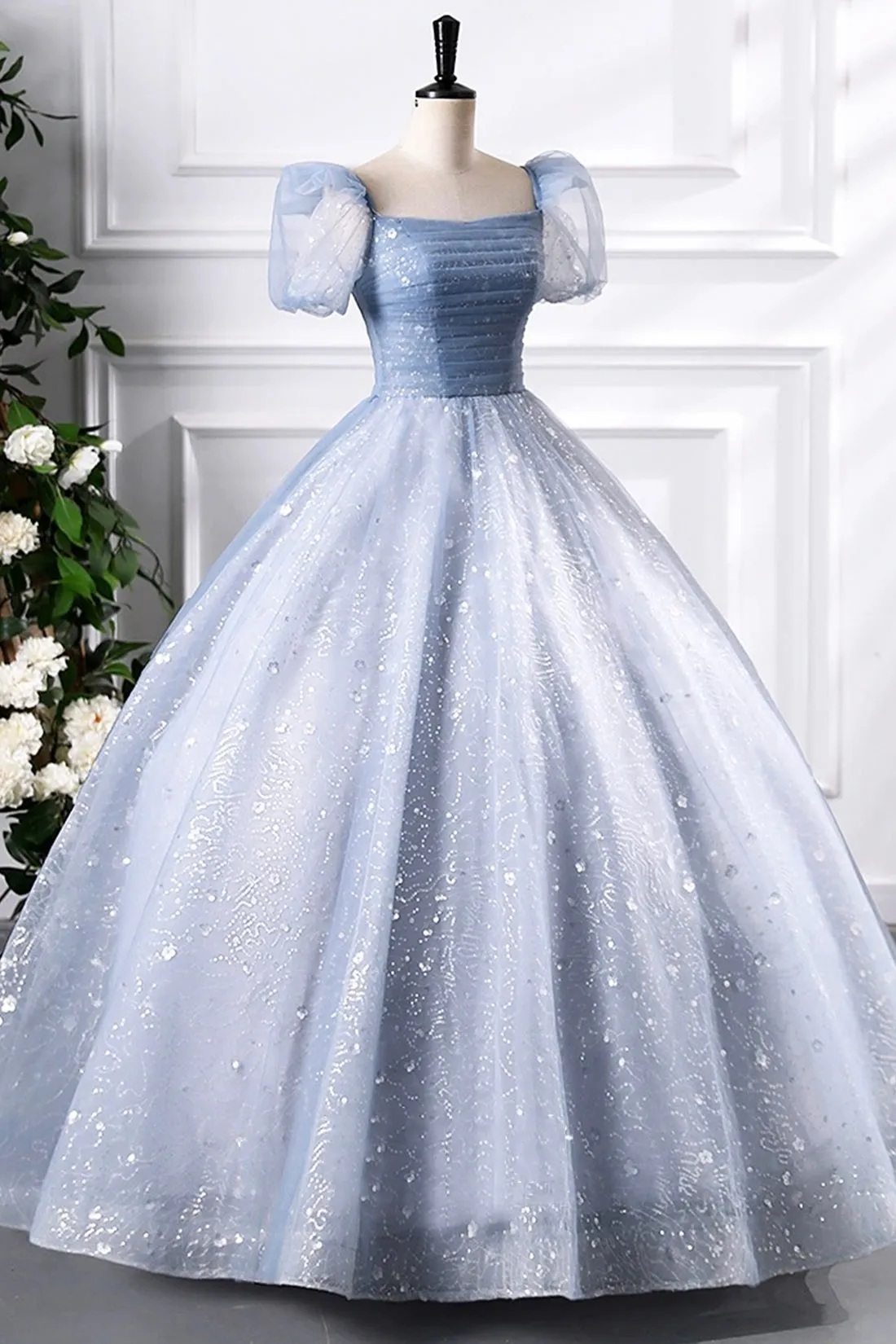 Gray Blue Tulle Sequins Floor Length Prom Dress, A-Line Short Sleeve Evening Party Dress