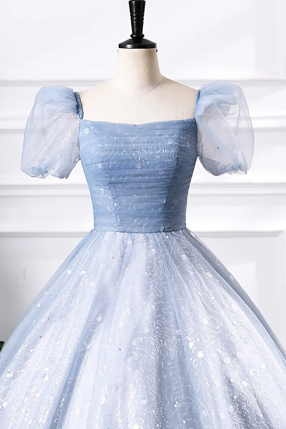 Gray Blue Tulle Sequins Floor Length Prom Dress, A-Line Short Sleeve Evening Party Dress